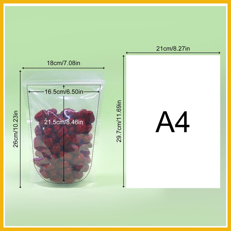 SumDirect 100Pcs 7x10.2 Inches Clear Stand Up Food Bags, Zipper Stand-up Reusable Sealing Food Pouches Snack Packing Bag with Tear Notch Heat Resealable for Storing, Cookie, Snack Tea and Drinking - Image 2